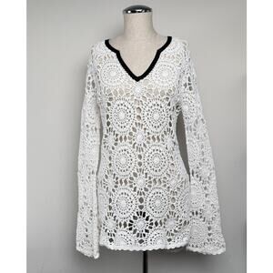 INC International Concepts White Crochet V-Neck Boho Summer Tunic Top Resort L
